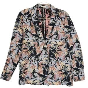 6397 Blazer Jacquard Abstract floral Print Blue Pink 1 Button Slash Pockets XS